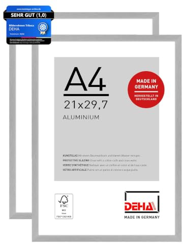 DEHA Design Aluminium Bilderrahmen Tribeca, 21x29,7 cm (A4) 2er Set, Silber | Aluminium Dokumentenrahmen im Hoch- & Querformat zum Aufhängen Silber gebürstet bruchsicheres Kunstglas
