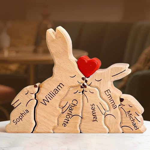 Personalisierte Puzzle mit Namen, Hasenfamilie Holzpuzzle Skulptur, Familienpuzzle mit 2-10 Hase Holzfiguren, Personalisierte Geschenke für Familie, Mama und Papa zum Muttertag Vatertag Geburtstag
