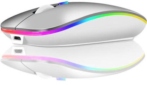LED Wireless Mouse, Slim Rechargeable Silent Mouse, 2.4G Portable USB Optical Cordless Mice With USB Receiver for Laptop, Notebook, PC, Gaming (Silver)