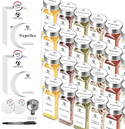 IEKSH 24 Pack Spice Jars with Lids and Labels, 120ml Square Spice Containers Storage Set with 120 Milky White English Labels, Glass Spice Storage with Shaker Lids for Organised Storage of Spices