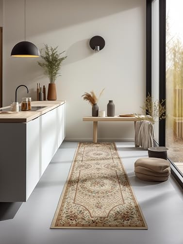 Nouristan Teppich Orientalisch – Läufer Orient Klassisch Orientalischer Wohnzimmerteppich dicht gewebt mit Blumen Flachgewebe für Wohnzimmer, Schlafzimmer, Esszimmer, Flur – Creme, 80x240cm