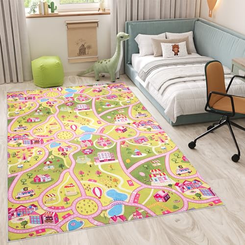 TAPISO Flannel Tapis Chambre Enfant Bébé Fille Garçon Antidérapant Lavable Rose Vert Bleu Blanc Tapis de Jeux Voiture Circuit Route Ville Poils Ras Oeko-TEX Résistant 200 x 300 cm