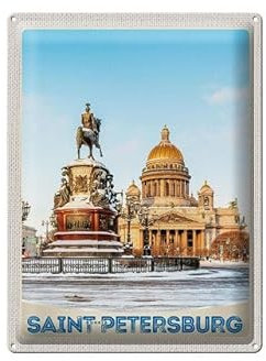 Blechschild 40 x 30 cm Russland Saint Petersburg Motiv: Statue am Platz - DekoNo7