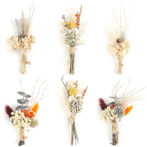 6PCS Mini Boho Dried Flower Bouquet Dried Flowers Small Bouquets Mini Natural Real Plants for Wedding Table Centerpieces Gift Box Cake Bottle Decor Home Vase Decorations DIY Craft (07)