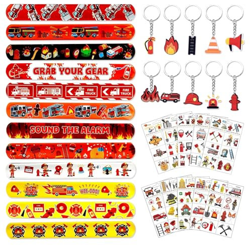 TECHEEL Feuerwehrmann Party Mitgebsel,Feuerwehr Kindergeburtstag Mitgebsel mit 12 Feuerwehr Schnapparmband,10 Feuerwehr Schlüsselanhänger,10 Feuerwehr Tattoos Feuerwehr Spielzeug für Jungen Geburtstag