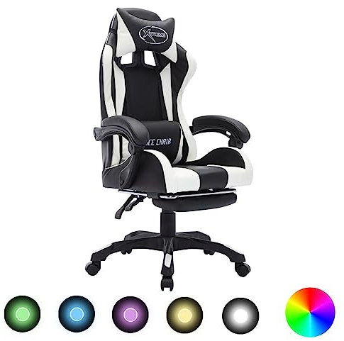 Homgoday Casa - Silla de gaming con luces LED RGB blanca y negra de piel sintética, silla de descanso, silla de oficina ergonómica, silla de escritorio, silla de oficina, salón, dormitorio