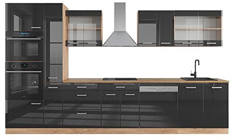 Vicco Küchenzeile R-Line, Anthrazit Hochglanz/Goldkraft Eiche, 350 cm mit Hochschrank, AP Eiche