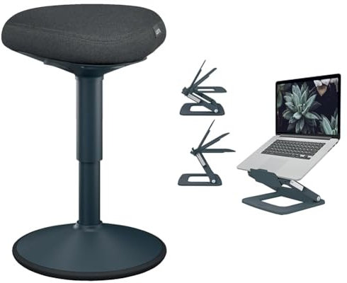 Leitz Ergo Active Sitzhocker mit Dual Density Foam Komfortsitz + höhenverstellbarer Multi-Winkel Laptopständer für 13“-15“ Laptops, Bürohocker höhenverstellbar von 47 bis 64 cm, 65440089 + 64240089