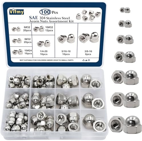 Vifmy 304 Stainless Steel Acorn Nuts Assortment Kit(100PCS), 6#32 8#32 10#24 10#32 1/4-20 5/16-18 3/8-16 SAE Hex Acorn Cap Nuts Sets, Cap Nut for Bolt, Dome Head Hex Nuts for Indoor Outdoor