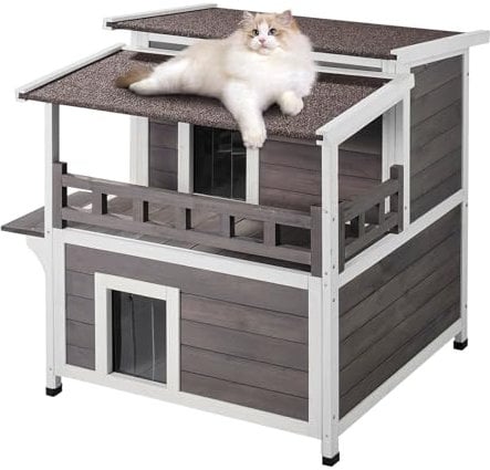 VEVOR Cuccia per Gatti da Esterno Resistente alle Intemperie, Rifugio per Gatti Grande Cuccia da Esterno in Legno a 2 Piani con Balcone, Porte, Persiane e Tetto Aperto, Casa Rifugio Animali, Grigio