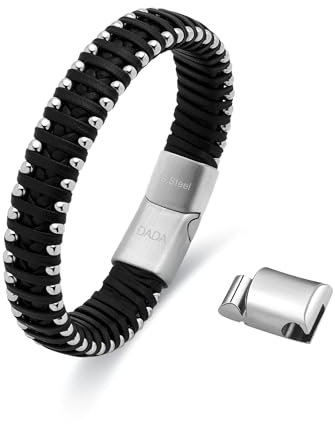Dada Gioielli - Herrenarmband aus schwarzem Leder und hypoallergenen Edelstahlkugeln in satiniertem oder glänzendem Silber, Magnetischer Verschluss, 21cm, Schmuckstück für jeden Tag, glänzendes Silber