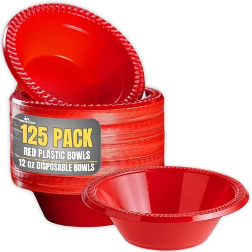 1InTheHome Red Plastic Bowls 12 Oz, Disposable Party Bowls - Red Soup Bowls (Pack of 125)