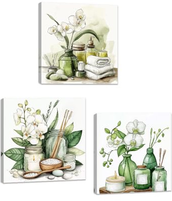 ZQQART Zen Wandbild 3er Set Aquarell Zen Stein Orchidee mit Handtüchern Bilder Spa Themen Badezimmer Wanddekoration gerahmt(Grün,30x30cmx3 Pieces)