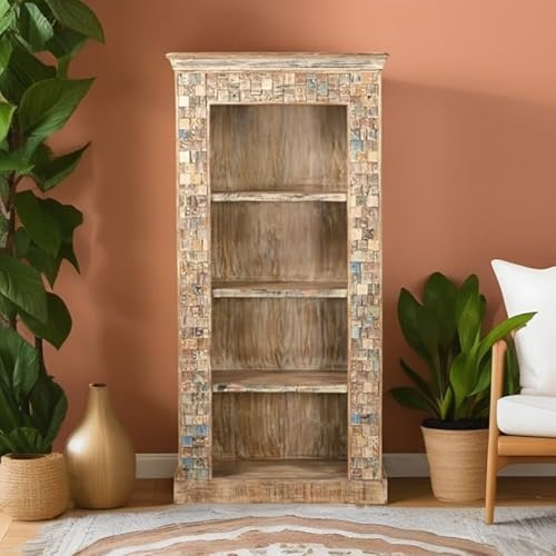 KaYu Meuble Bücherregal aus recyceltem Holz, bunt, gebleicht, 90 cm, Lila – L 90 x B 40 x H 185 cm