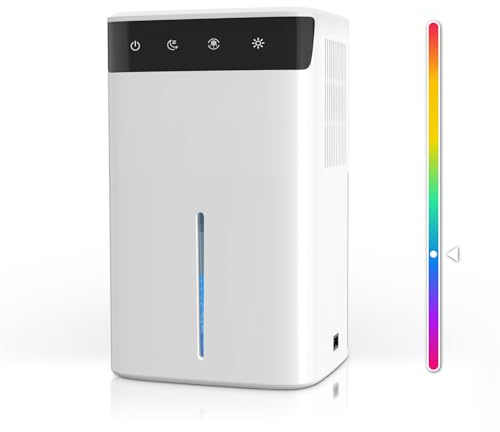 Deumidificatore Elettrico 2.6L, Silenzioso per Casa, Cantina, Bagno & Camera da Letto fino a 32 m², con Luce RGB, Spegnimento Automatico e Modalità Notturna, Risparmio Energetico