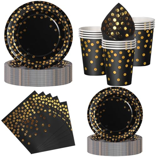 Nkaiso 50 Pcs Noir Or Assiette Jetable Anniversaire -10 invités | 10 Assiettes Plates, 10 Assiettes Dessert, 10 Gobelets, 20 Serviettes - Pour Anniversaire, Mariage, Decoration Party