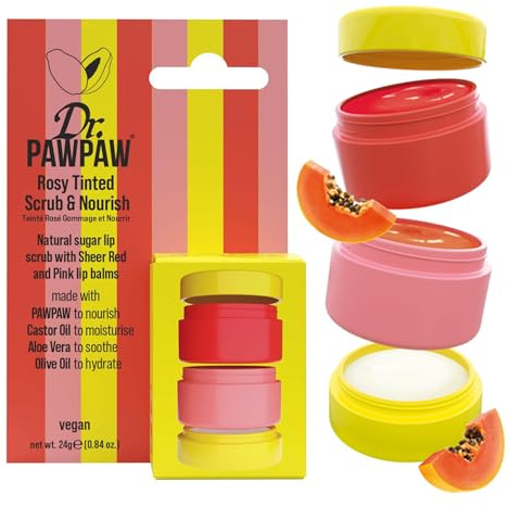 Dr.PAWPAW Scrub and Nourish Rosy Tinted Lip Collection 24g | Natural Sugar Scrub with Pink and Red Tinted Balms, Hydrating and Exfoliating Lip Care in a Stackable Pot