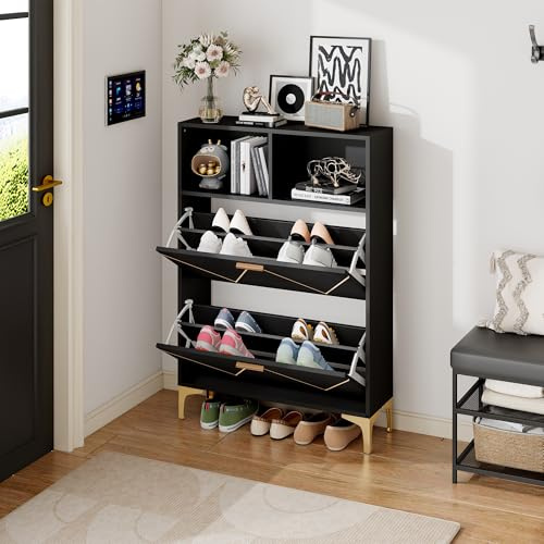 80*25*117cm Schuhschrank mit 2 unteren Klapptüren,Flur-Schuhschrank mit 4 Schuhablagefächern,Schrank mit 2 halboffenen Ablageflächen,Sideboard, Wohnzimmerschrank,Erhöhtes Tischbeindesign