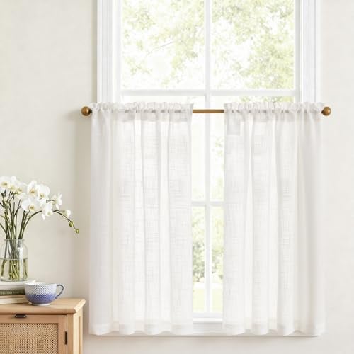 Vangao Scheibengardinen Küche Voile Bistrogardine 2er Set 90Bx90Hcm Weiß | Landhausstil Boho Gardinen Kurz mit Stangendurchzug, Halbtransparent Lichtdurchlässig Kurzstores für Wohnzimmer Wohnwagen