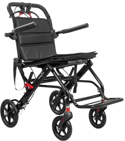 Ausilium I-TRAVEL faltbarer Transportrollstuhl aus Aluminium, klappbare Armlehnen, hochschwenkbare Fußstützen, Sicherheitsgurt, pannensichere Räder, Belastbarkeit bis 136 kg