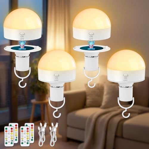 Kimjo E27 Wiederaufladbare Glühbirne mit Fernbedienung, 3 Farben, 4 Stück | Aufladbare Glühbirne mit Batterie, USB, Dimmbare, Abnehmbare Magnetische Akku Glühbirnen Aufladbar, Camping Lampe, Outdoor