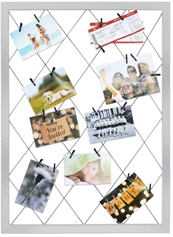 Spetebo Holz Bilderrahmen weiß mit 20 Holzklammern - 75 x 55 cm | Foto Collage Rahmen it Gummileinen Gitter Fotohalter Bildergalerie Fotoboard Fotoleine