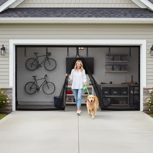 Magnetic Fly Screen Door, Garage Mosquito Net, Garage Door Screen for 2 Car, Heavy Duty Weighted Bottom, Easy Assembly Pass, Hands Free for Garages Patio 9 X 8 Ft(Gray,518 x 274 cm(17 x 9 ft))