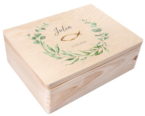 Creative Deco Personalisiert Kommunion Geschenke für Mädchen und Jungen | Holzkiste | Kranz | Individuelle Geschenk Erinnerungsbox | Erstkommunion Deko