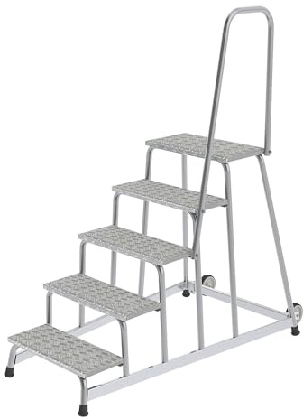 MUNK | Montagetritt | mobil | 2 Bockrollen | Handlauf einseitig | 5 Stufen | BxT 840 x 1390 mm
