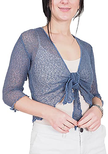 Mimosa Ladies Crochet Shrug Bolero Glitter or Plain Super Stretchy Lace Fish Net Tie at Waist Bolero Open Cardigan Fits UK 6-28