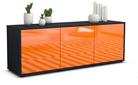 Stil.Zeit Armoire TV Planche Basse Allegra, Corps de Meuble Anthracite, façade Haute Brillance-Design Orange (136x49x35cm) la poussée vers la Technologie Ouverte & Debout