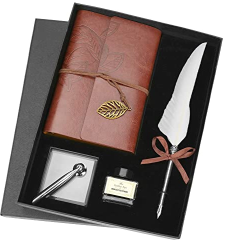 Feather Quill Penn-set, retro läder, anteckningsbok, fjäder, Dip Pen, bläckflaska, set, brevpapper, presentförpackning, med 1 fjäderdip-penna, 1 anteckningsbok, 1 pennspetsbas, 1 bläckflaska (utan