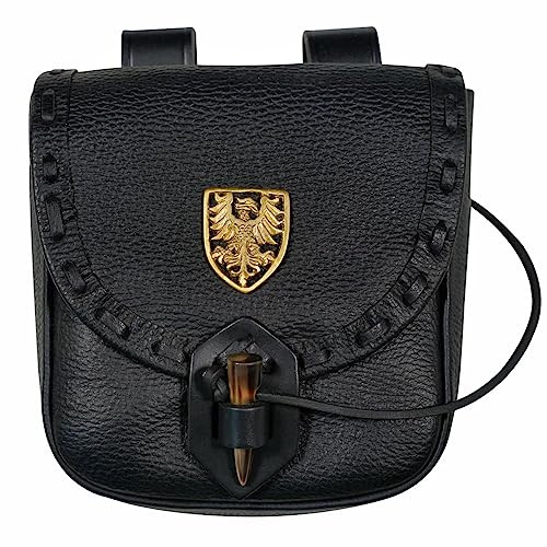 Mythrojan Ledergürteltasche Mittelalterliche echte Ledertasche mit Raben-Dekoration Zubehörtasche Wikinger-Münzbeutel Renaissance-Tasche für Larp Fantasy Events, Ren Faire, Halloween - Schwarz