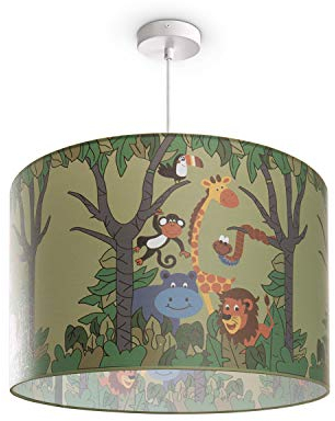 Paco Home Hängelampe Mädchen Junge Pendellampe Kinderzimmer Lampe Deckenlampe Stoff E27 Lampenschirm Dschungel Tiere 1,5m Textilkabel Kürzbar Jungle