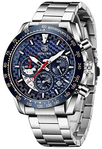BY BENYAR - Reloj para Hombre, Impermeable, cronógrafo Luminoso, clásico, Relojes de Pulsera de Piel, Gran Esfera Fecha, analógico, para Hombre, Regalo Elegante, Acero Azul., Stainless Steel, Pulsera