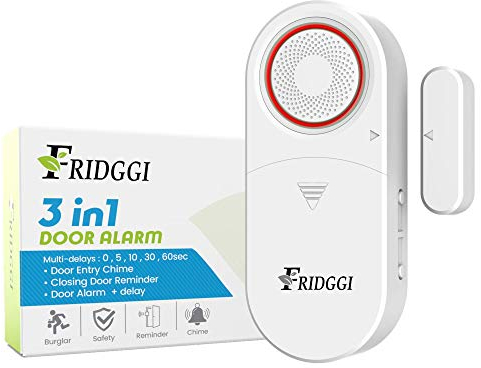 FRIDGGI 3in1 – Door Alarm with Delay 0/5/10/30/60 Seconds, 2/5 Minutes, for Freezer/Pool/Garage, Close Door Reminder, 80 to 120 dB, Time Delay Door Chime When Left Open, Prevent Doors Ajar (White)