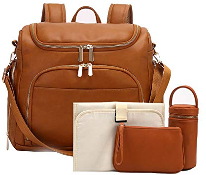 Uziqueif Wickelrucksack aus Leder, Wickeltaschen, Wickeltasche Rucksack mit Wickelunterlage und Kinderwagen Haken, wasserdichte Baby Wickelrucksack, Große Kapazität Reise Babytasche,40x30x15cm