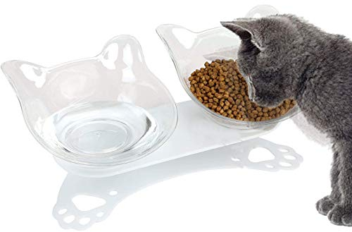 Gamelles pour Chats,Bols pour Chat, Inclinable à 15° Double Gamelle Chat Surélevée,Anti-Dérapant Cou de Protection Bols de Nourriture pour Animaux de Compagnie (Blanc)