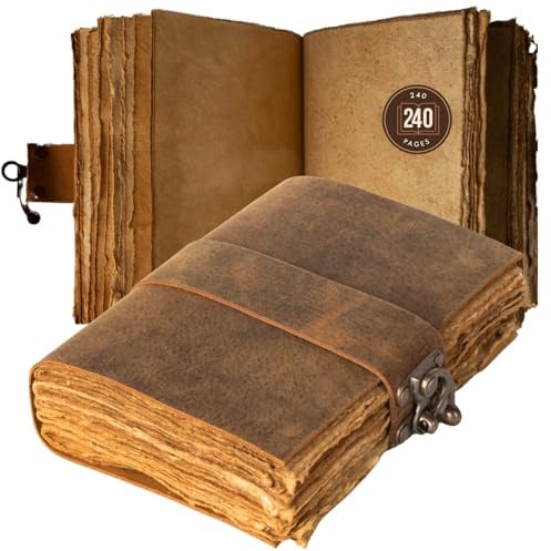 NomadCraftsCo. Vintage Leder-Tagebuch – Schlossverschluss, Buch der Schatten, Grimoire-Tagebuch, Hexen-Tagebuch, Vintage-Tagebuch, 240 Seiten, antikes Büttenrandpapier