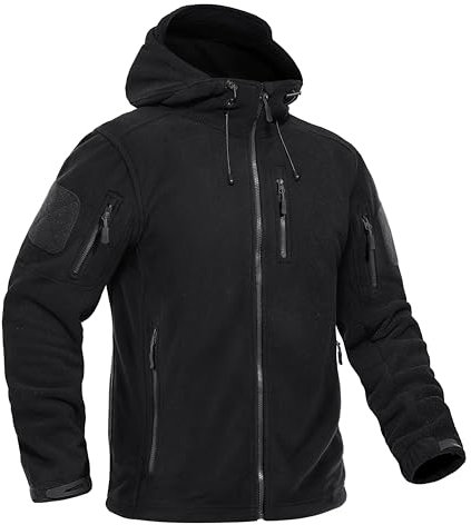 KEFITEVD Mens Warm Fleece Jackets Hoodies Multi Pockets Windproof Military Work Jacket for Outdoor, Black, M