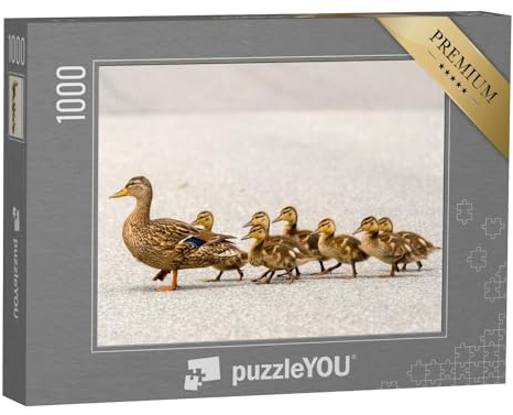 puzzleYOU: Puzzle 1000 Teile „Eine Entenmutter und ihre Entenküken überqueren in Einer Reihe eine Straße“ – aus der Puzzle-Kollektion Enten