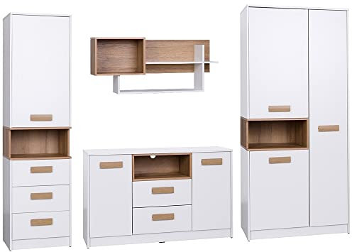 Marmex Kinderzimmer Komplettes Set Grant C, im Set: Kleiderschrank G1, Geschlossener Büchregal G6, Kommode mit Schubladen G5, Wandregal G3 - Farbe Weiß + Riviera Eiche