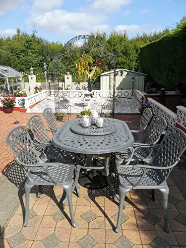 Lazy Susan Gartenmöbel-Set June 6-Sitzer, oval, Sandgussaluminium, wartungsfrei, wetterfest, Schieferoptik, passende Rose Stühle, Blaue Kissen
