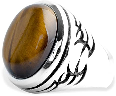Ayoiow Gothic Ring 925, Siegelring Gravur Vintage Tigerauge Ring Ring Größe 65 (20.7)