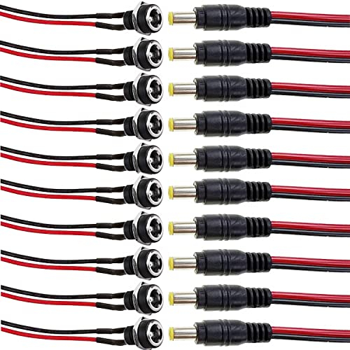 RUNCCI-YUN 10 Paires 5,5mm x 2,1mm DC d'alimentation Connecteur, 12V 2 broches 5,5 X 2,1 mm Connecteur Mâle et Femelle,DC Pigtail Cable pour Vidéo Surveiller CCTV Caméra(22AWG 12V 2A