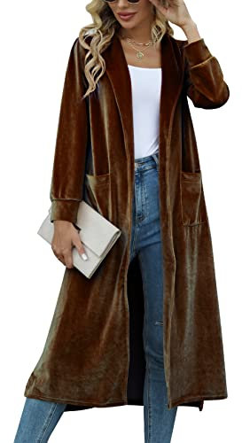 Yimoon Velvet Cardigan Jacket Open Front Lapel Collar Outerwear Sequin Duster Coat Velour Long Blazers for Women, Brown, L