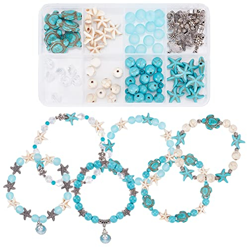 SUNNYCLUE 1 Box DIY 6Pcs Böhmischer Stil Synthetische Türkis Schildkröte Perlen Seestern Perlen 8mm Perlen Armband Herstellung Kit Schildkröte Perlen Für Schmuckherstellung Kit Mehrschichtige Armbände