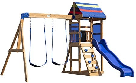 Backyard Discovery Bay Pointe Swing Set | Outdoor Playground for Kids, Garden Play Equipment for Children, Wooden Climbing Frame, Slide & 2 Swings, Fun Accessories, Cedar Wood | For 3-6 Year Olds