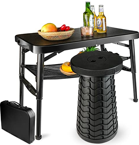 maliven Tragbarer Klapptisch und Hocker-Set, leichter faltbarer Tisch und zusammenklappbarer Hocker für Camping, Picknick, Strand, Angeln, stabiler kleiner Outdoor-Tisch mit Netzschicht-Aufbewahrung