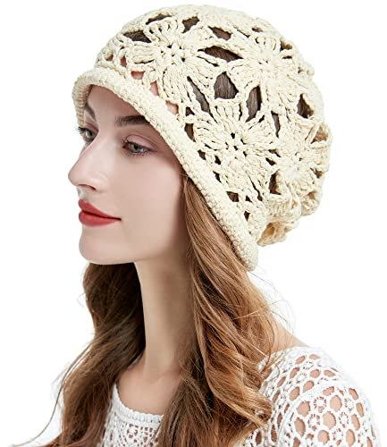 ZLYC Damen-Beanie, Häkel-Beige, Einheitsgröße